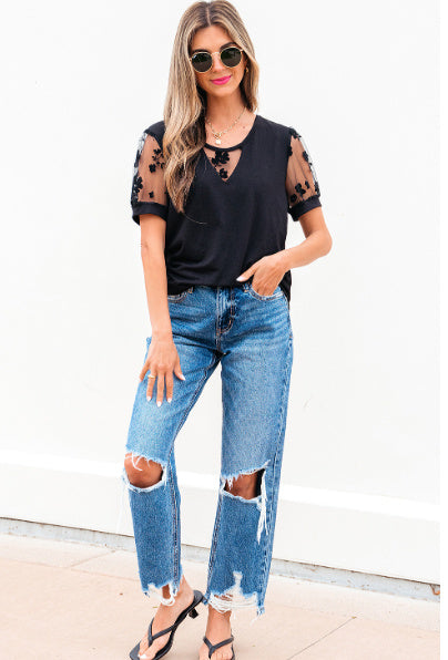 Black Flora Lace Patchwork Crew Neck T Shirt