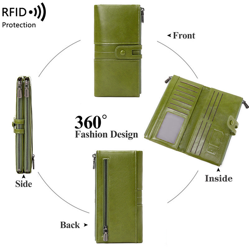 Oil Wax Leather Double Zipper Long European And American New Retro Anti-theft Swiping Women's Wallet