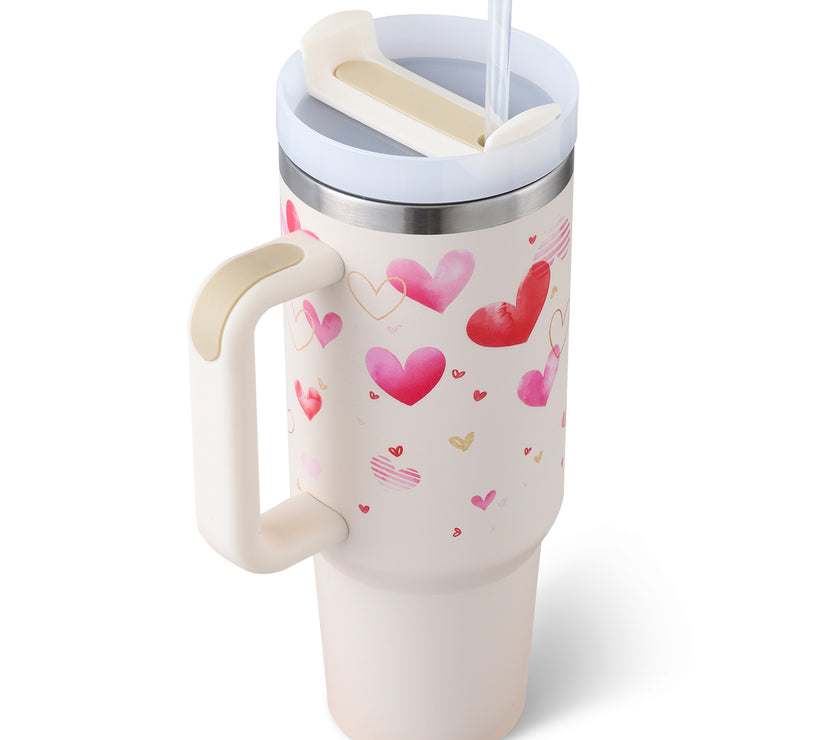 40 Oz Tumbler With Handle Straw Insulated, Stainless Steel Spill Proof Vacuum Coffee Cup Tumbler With Lid Tapered Mug Gifts For Valentine Lover Suitable For Car Gym Office Travel