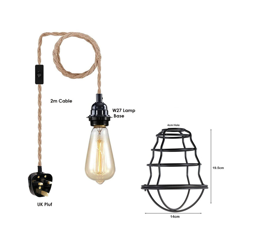 Fabric Hemp Flex Cable kit Black Plug In Pendant Lamp Light E27~3692