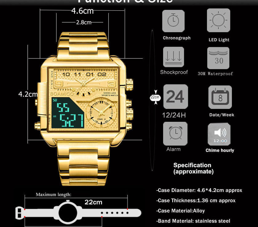 BOAMIGO New Top Brand Luxury Fashion Men Watches Gold Stainless Steel Sport Square Digital Analog Big Quartz Watch for Men