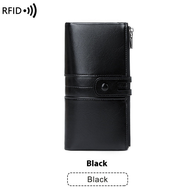 Oil Wax Leather Double Zipper Long European And American New Retro Anti-theft Swiping Women's Wallet