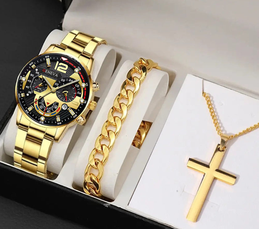 Men's Business Fashion Three-eye Single Calendar Steel Watch Bracelet Cross Bracelet Suit