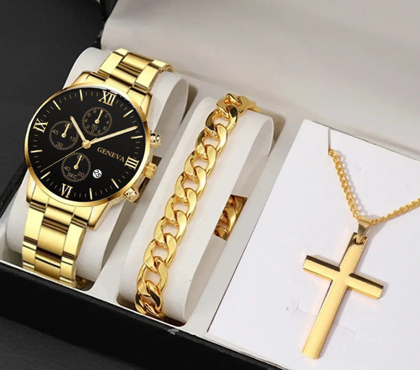 Men's Business Fashion Three-eye Single Calendar Steel Watch Bracelet Cross Bracelet Suit