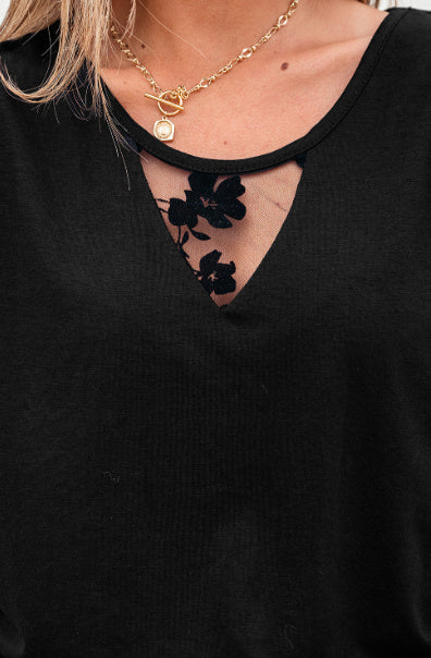 Black Flora Lace Patchwork Crew Neck T Shirt