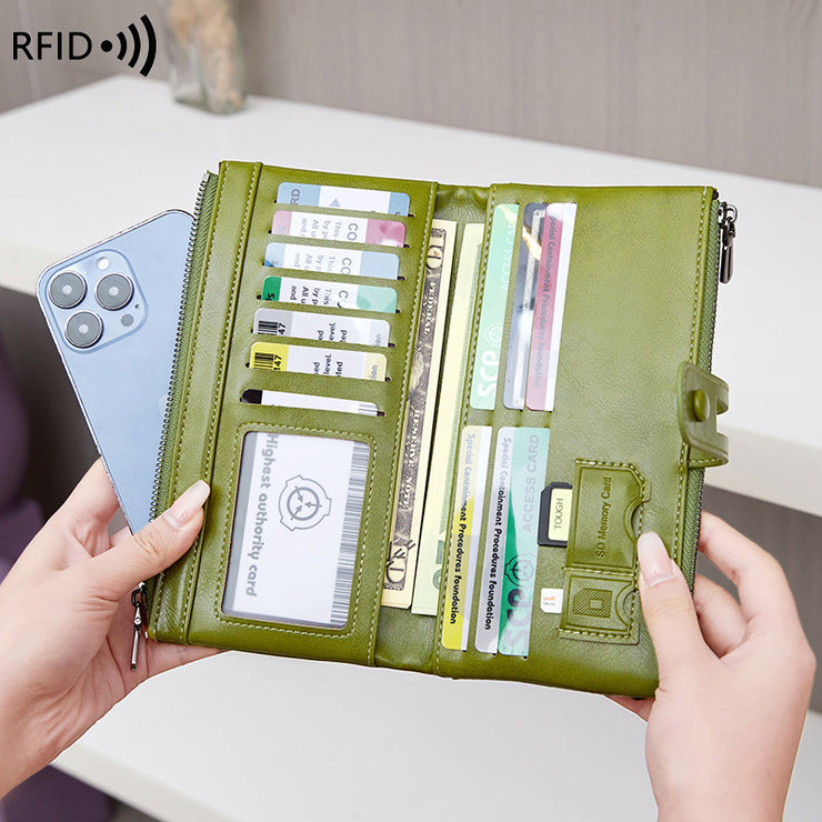 Oil Wax Leather Double Zipper Long European And American New Retro Anti-theft Swiping Women's Wallet
