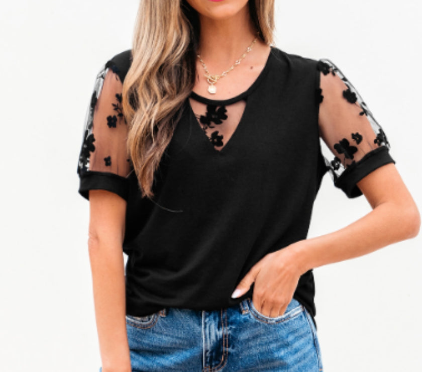 Black Flora Lace Patchwork Crew Neck T Shirt
