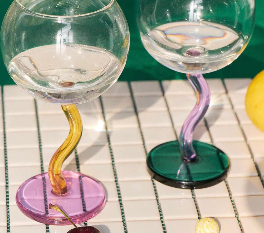 Handblown Bubble Wine Glass - Retro Whimsical Eclectic Wavy Stemmed