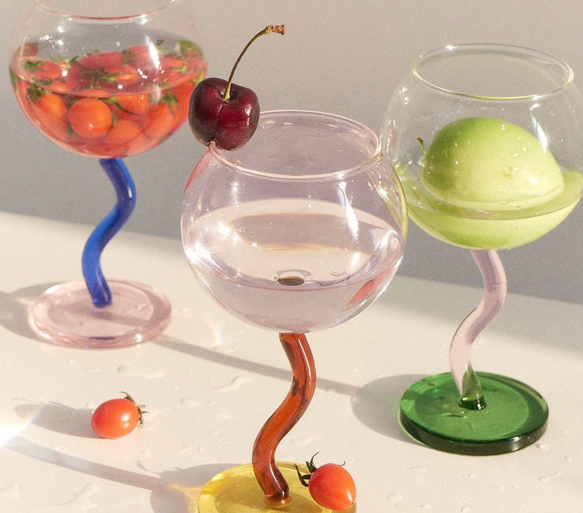 Handblown Bubble Wine Glass - Retro Whimsical Eclectic Wavy Stemmed