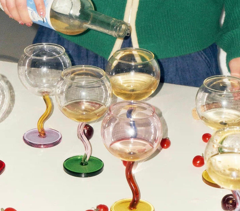 Handblown Bubble Wine Glass - Retro Whimsical Eclectic Wavy Stemmed