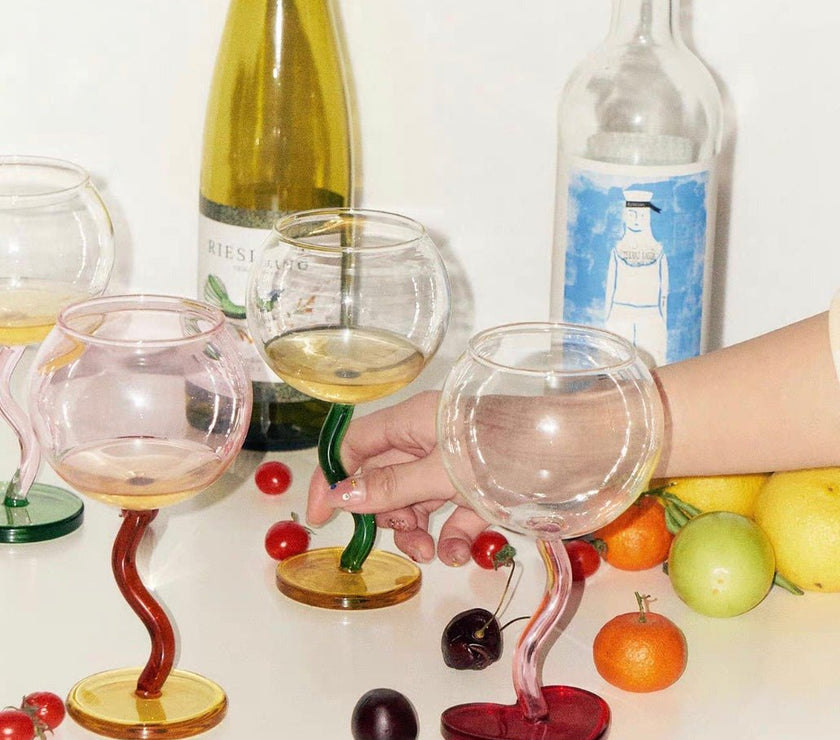 Handblown Bubble Wine Glass - Retro Whimsical Eclectic Wavy Stemmed