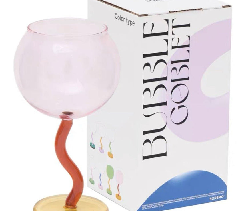 Handblown Bubble Wine Glass - Retro Whimsical Eclectic Wavy Stemmed