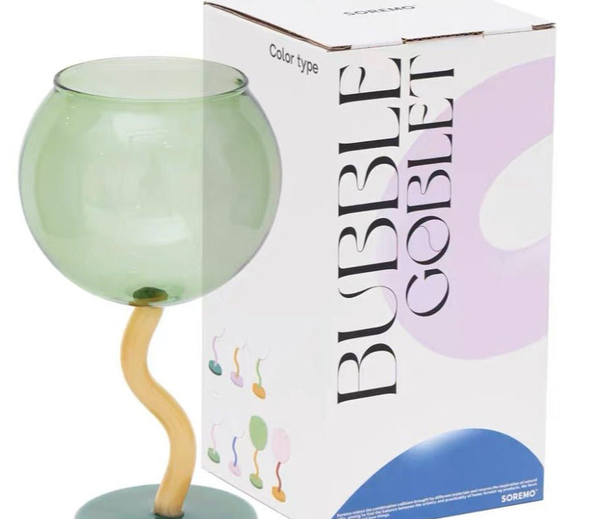 Handblown Bubble Wine Glass - Retro Whimsical Eclectic Wavy Stemmed