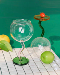 Handblown Bubble Wine Glass - Retro Whimsical Eclectic Wavy Stemmed